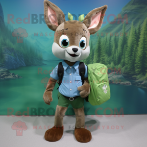 Green Roe Deer mascot costume character dressed with a Chambray Shirt and Backpacks