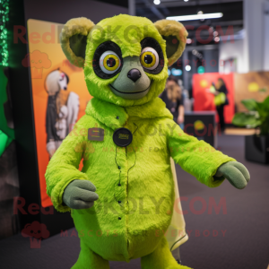 Lime Green Lemur mascot costume character dressed with a Turtleneck and Lapel pins