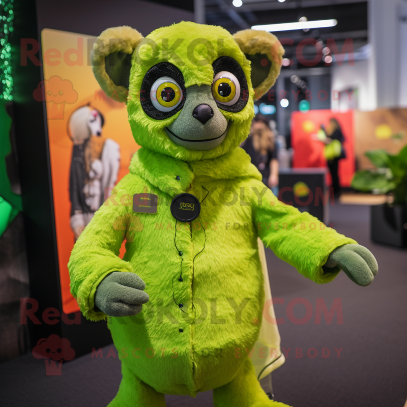 Lime Green Lemur mascot costume character dressed with a Turtleneck and Lapel pins