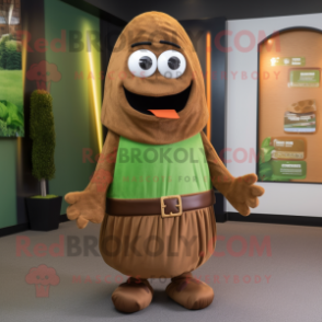 Brown Cucumber mascot costume character dressed with a Wrap Skirt and Beanies
