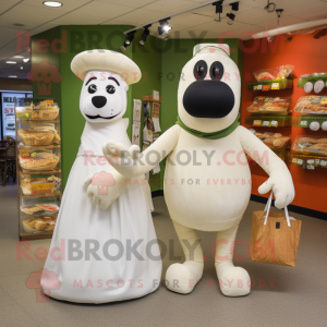 Olive Hot Dogs mascot costume character dressed with a Wedding Dress and Handbags