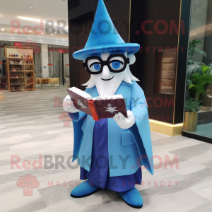 Sky Blue Magician mascot costume character dressed with a Shorts and Reading glasses