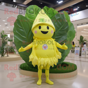 Lemon Yellow Cabbage Leaf mascot costume character dressed with a Swimwear and Berets