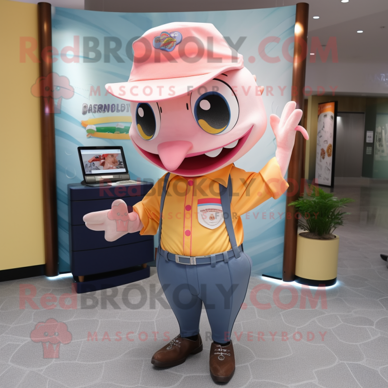 Peach Swordfish mascot costume character dressed with a Blouse and Belts