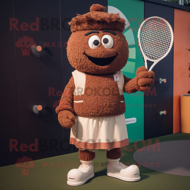 Rust Tennis Racket mascot costume character dressed with a Cardigan and Mittens