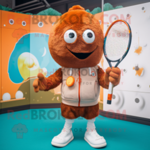 Rust Tennis Racket mascot costume character dressed with a Cardigan and Mittens