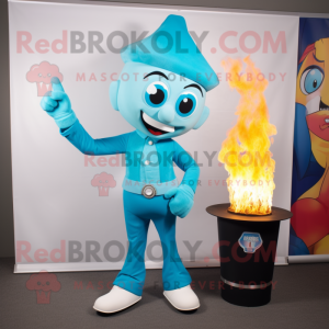 Cyan Fire Eater mascot costume character dressed with a Flare Jeans and Tie pins