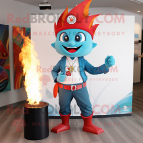 Cyan Fire Eater mascot costume character dressed with a Flare Jeans and Tie pins