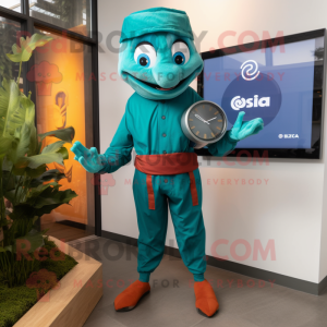 Teal Tikka Masala mascot costume character dressed with a Chinos and Digital watches