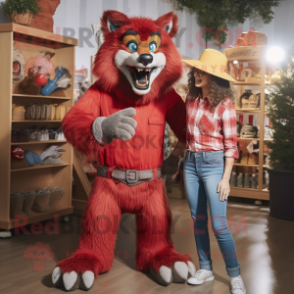 Red Werewolf mascot costume character dressed with a Mom Jeans and Hats