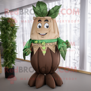 Brown Beanstalk mascot costume character dressed with a Pencil Skirt and Headbands