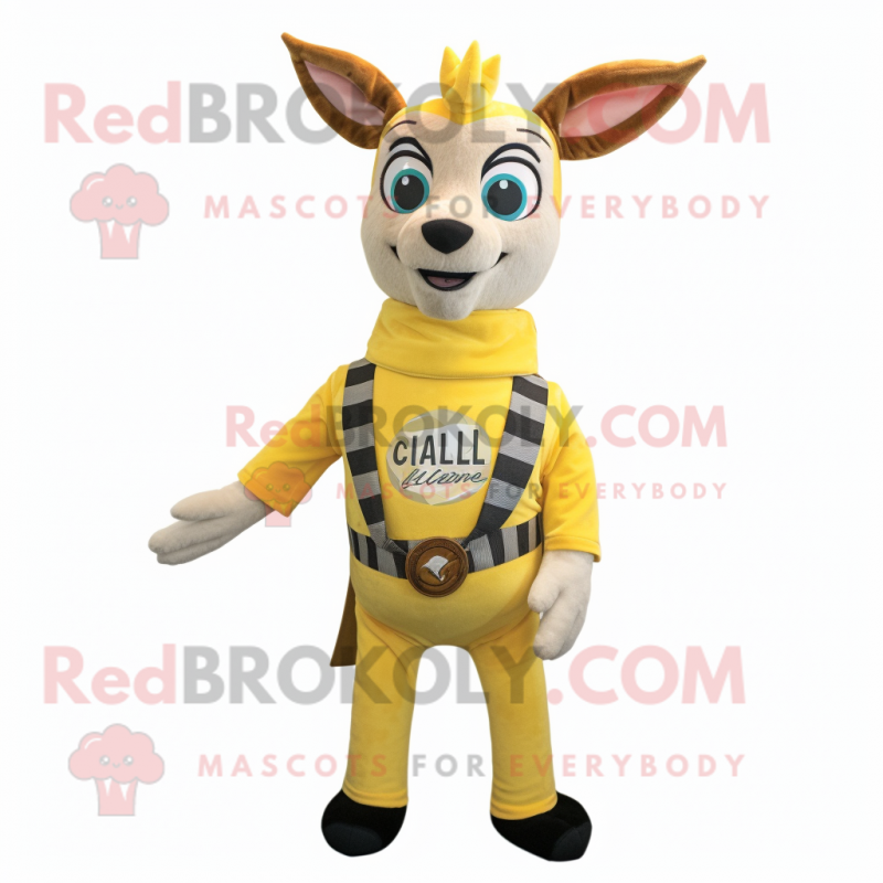 Lemon Yellow Gazelle mascot costume character dressed with a Flannel Shirt and Belts