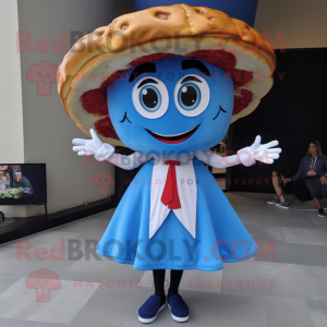 Blue Pizza Slice mascot costume character dressed with a Skirt and Berets