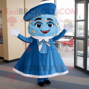 Blue Pizza Slice mascot costume character dressed with a Skirt and Berets