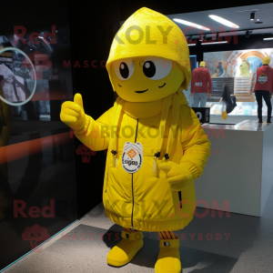 Lemon Yellow Bracelet mascot costume character dressed with a Parka and Hat pins