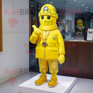 Lemon Yellow Bracelet mascot costume character dressed with a Parka and Hat pins