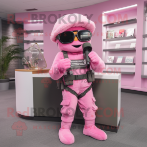 Pink Sniper mascot costume character dressed with a Suit Pants and Reading glasses