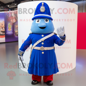 Blue British Royal Guard mascot costume character dressed with a Maxi Dress and Rings