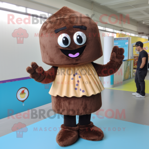 Brown Cupcake mascot costume character dressed with a A-Line Skirt and Foot pads