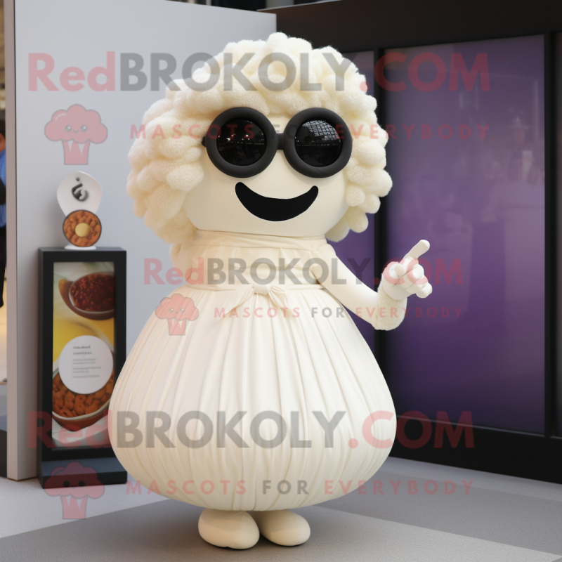 Cream Moussaka mascot costume character dressed with a Ball Gown and Sunglasses