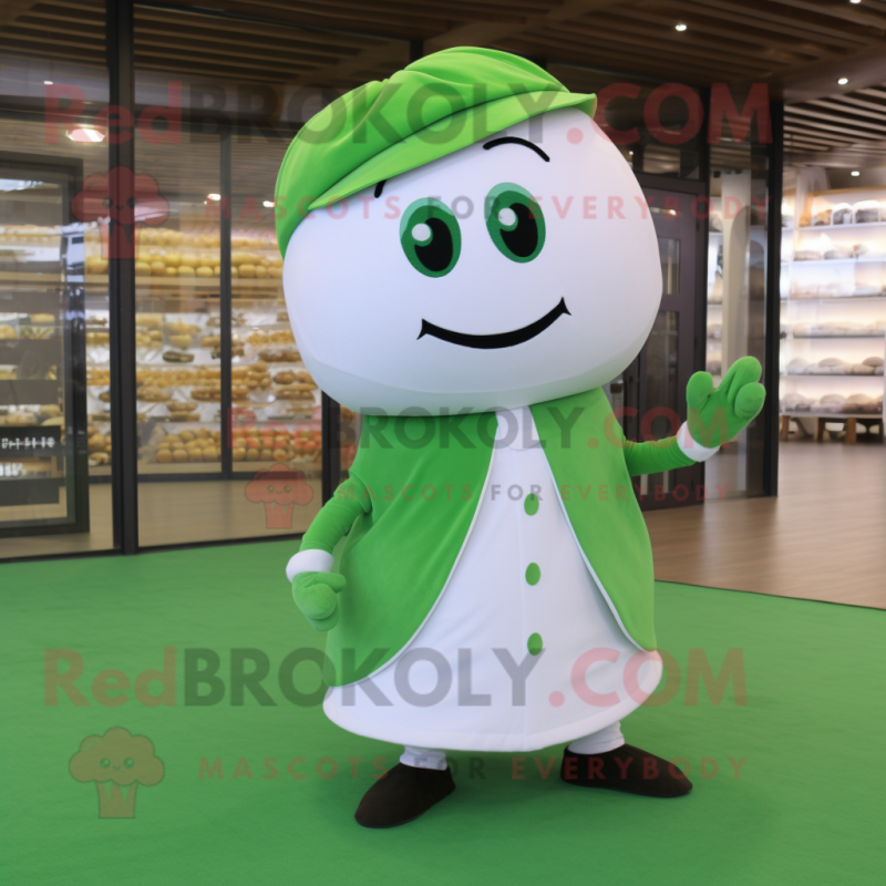 White Green Bean mascot costume character dressed with a Coat and Anklets