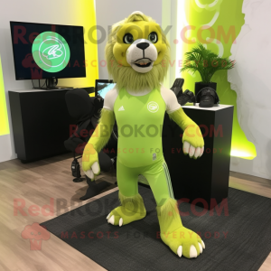 Lime Green Smilodon mascot costume character dressed with a Yoga Pants and Brooches