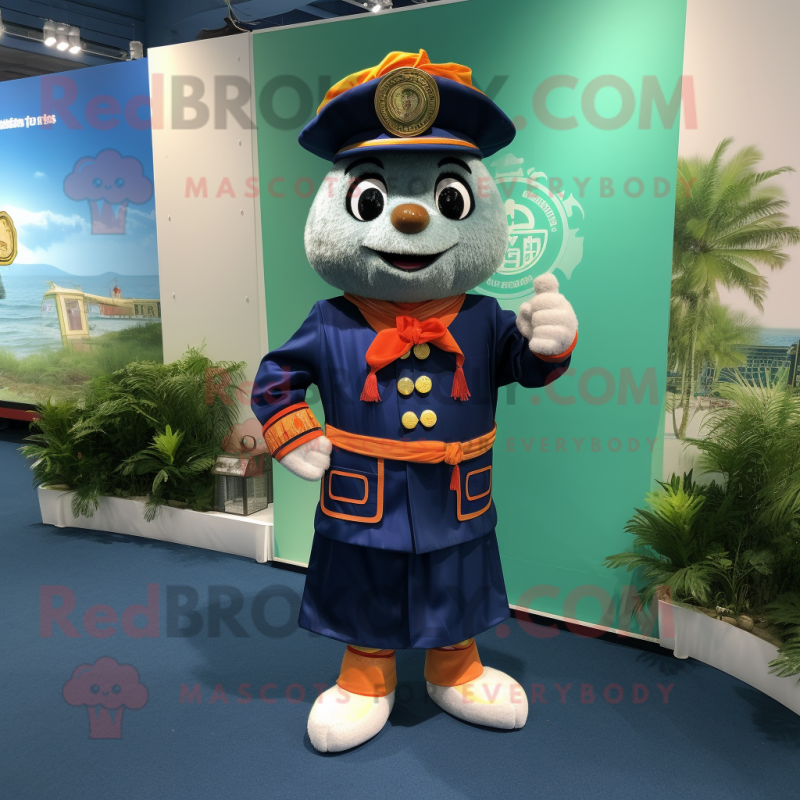Navy Mandarin mascot costume character dressed with a Playsuit and Cummerbunds