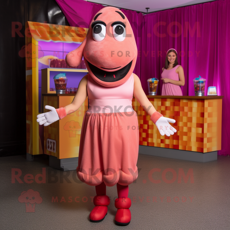 Pink Hot Dogs mascot costume character dressed with a Cocktail Dress and Shoe laces