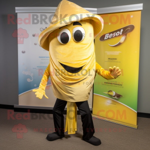 Gold Fajitas mascot costume character dressed with a Jeggings and Tie pins