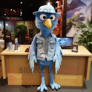 Sky Blue Archeopteryx mascot costume character dressed with a Denim Shirt and Keychains