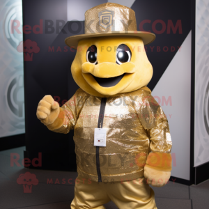 Gold Ice mascot costume character dressed with a Bomber Jacket and Hat pins