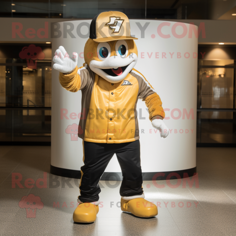 Gold Ice mascot costume character dressed with a Bomber Jacket and Hat pins