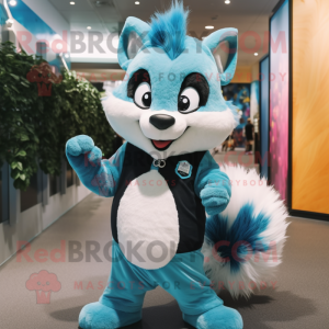 Sky Blue Skunk mascot costume character dressed with a Overalls and Scarves