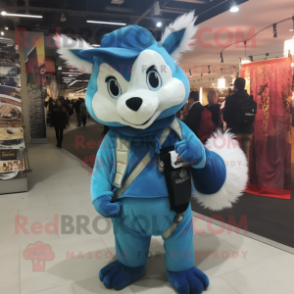 Sky Blue Skunk mascot costume character dressed with a Overalls and Scarves