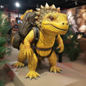 Gold Ankylosaurus mascot costume character dressed with a Cargo Shorts and Backpacks