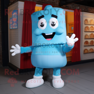 Sky Blue Lasagna mascot costume character dressed with a Coat and Caps