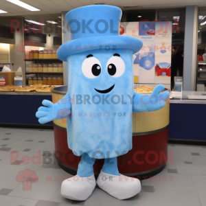 Sky Blue Lasagna mascot costume character dressed with a Coat and Caps