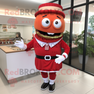 Red Hamburger mascot costume character dressed with a Dress and Bracelet watches