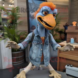 Peach Utahraptor mascot costume character dressed with a Chambray Shirt and Anklets