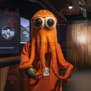 Rust Squid mascot costume character dressed with a Henley Tee and Necklaces