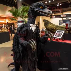 Black Deinonychus mascot costume character dressed with a Evening Gown and Shawl pins