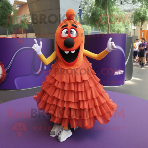 Lavender Currywurst mascot costume character dressed with a Ball Gown and Shoe laces