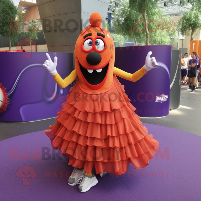 Lavender Currywurst mascot costume character dressed with a Ball Gown and Shoe laces