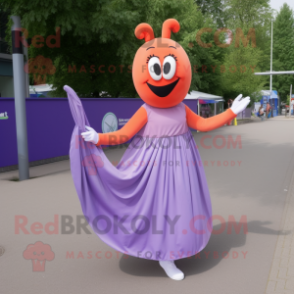 Lavender Currywurst mascot costume character dressed with a Ball Gown and Shoe laces
