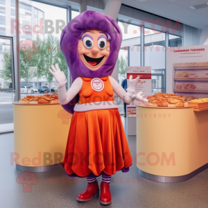 Lavender Currywurst mascot costume character dressed with a Skirt and Rings