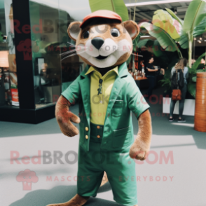 Forest Green Mongoose mascot costume character dressed with a Chambray Shirt and Pocket squares