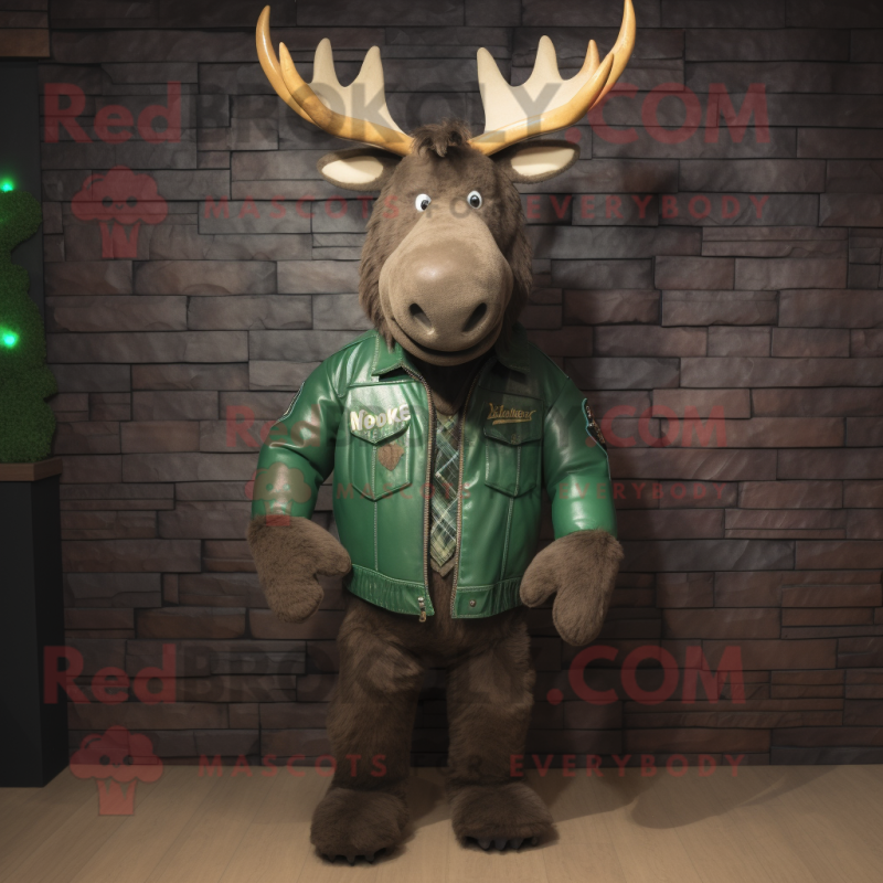 Green Moose mascot costume character dressed with a Leather Jacket and Cummerbunds