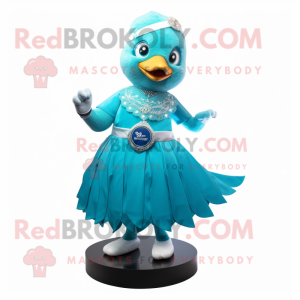 Cyan Dove mascot costume character dressed with a Circle Skirt and Bracelet watches