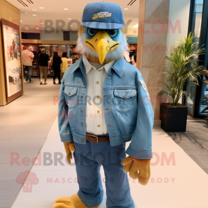 Gold Hawk mascot costume character dressed with a Denim Shirt and Hat pins