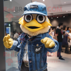 Gold Hawk mascot costume character dressed with a Denim Shirt and Hat pins